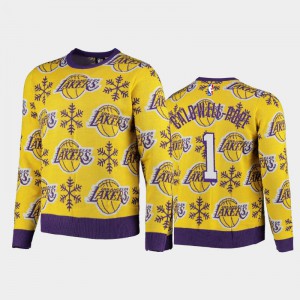 Mens Kentavious Caldwell-Pope #1 Los Angeles Lakers Yellow 2020 Christmas Snowflake Sweater 139443-890