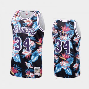 Mens Shaquille O'Neal #34 Los Angeles Lakers Hardwood Classics Black Floral Fashion Jerseys 441408-746