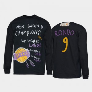 Mens Rajon Rondo #9 2020 NBA Finals Champions Black 2020 World Champions Long Sleeve Los Angeles Lakers T-Shirts 936266-487